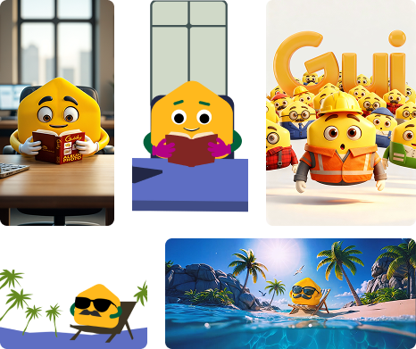 Gui mascot character design — Adobe Firefly AI workflow generating the robot in various poses